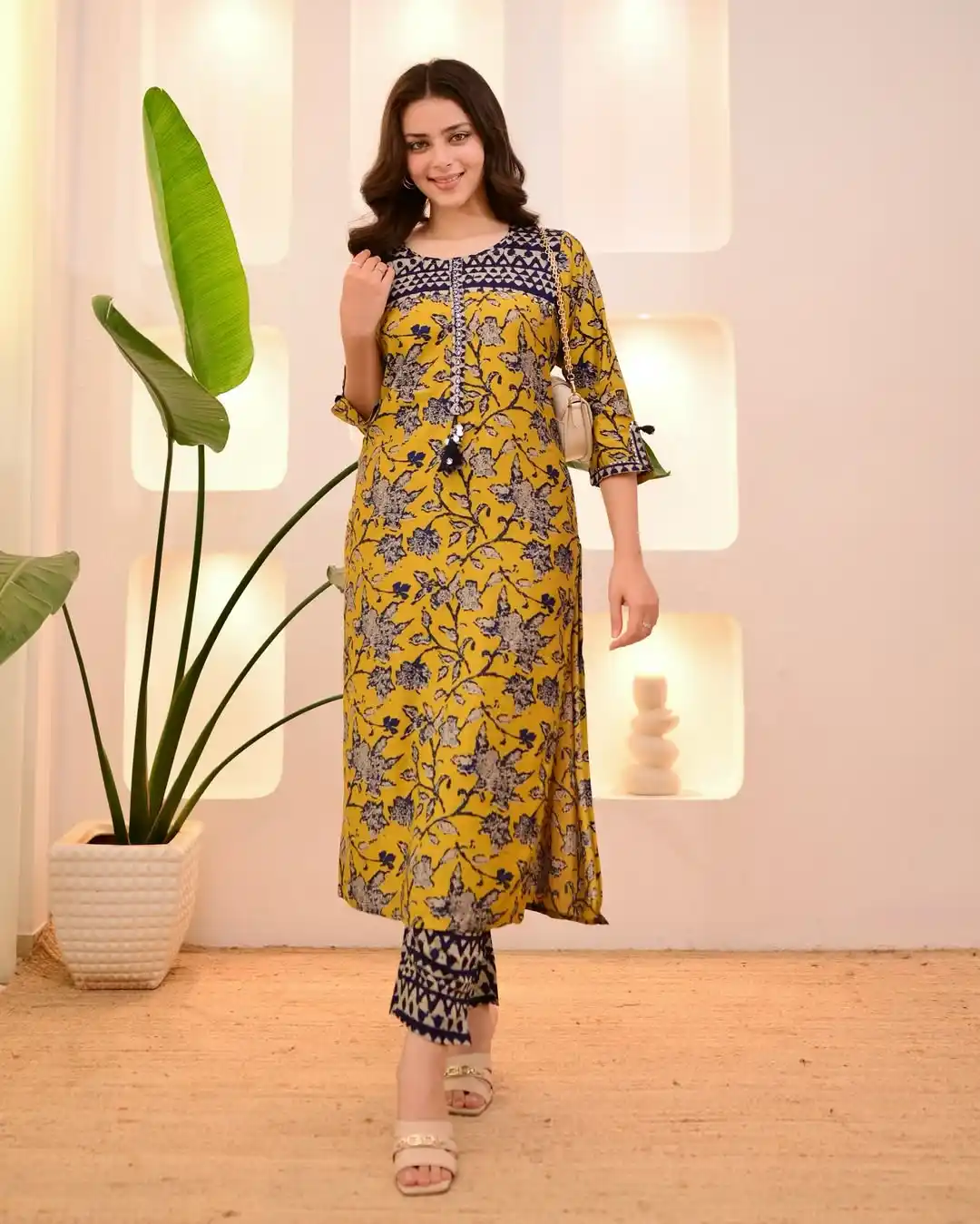 Golden Saffron Traditional Floral Block Print Women’s Straight Kurta Set with Printed Pants.png